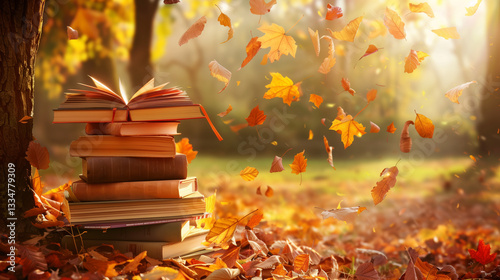 stack of books under a tree with falling autumn leaves 