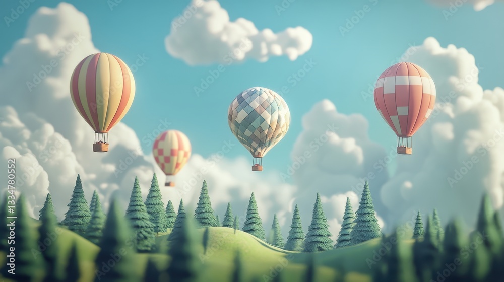 Obraz premium Colorful Hot Air Balloons Floating Over Lush Green Landscape