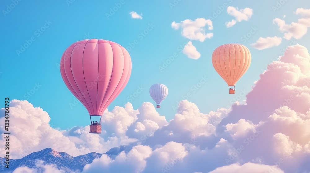 Colorful hot air balloons floating in a serene blue sky