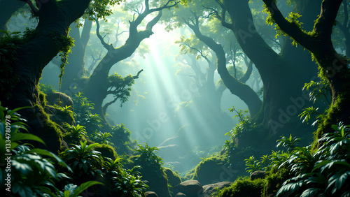 serene forest scene with sunlight filtering through dense trees, creating mystical atmosphere. Lush greenery and soft light enhance tranquil beauty of nature