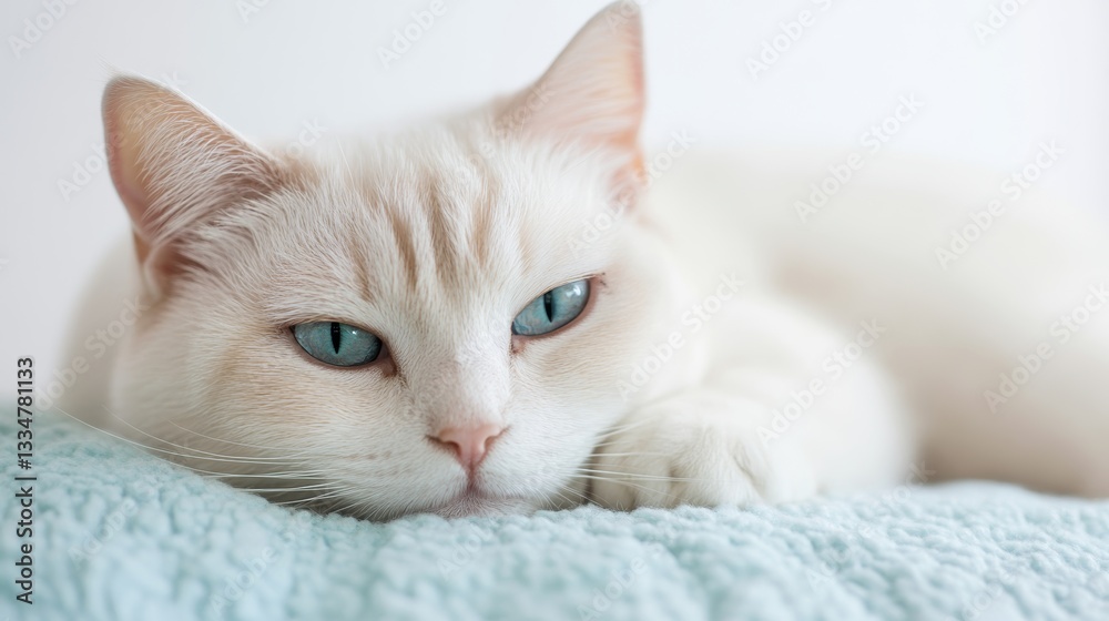 A Serene Moment: A White Cat with Blue Eyes Lying on a Soft, Light Blue Blanket A Serene Moment: A White Cat with Blue Eyes Lying on a Soft, Light Blue Blanket