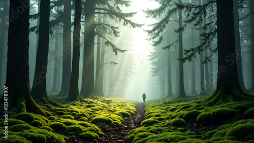 serene forest scene with lone figure walking along moss covered path, surrounded by tall trees and soft, diffused light filtering through branches. atmosphere is tranquil and inviting