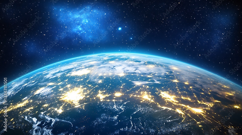 Obraz premium Earth at night with city lights and nebula.