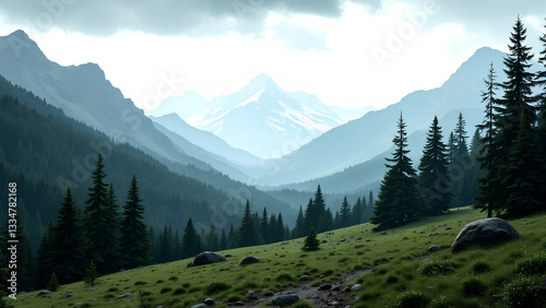 Majestic mountain landscape with lush green meadows and towering pine trees, creating serene and tranquil atmosphere. distant snow capped peaks add to breathtaking view