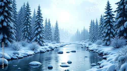 serene winter landscape featuring tranquil river surrounded by snow covered trees and blanket of snow on ground, evoking peaceful and calm atmosphere