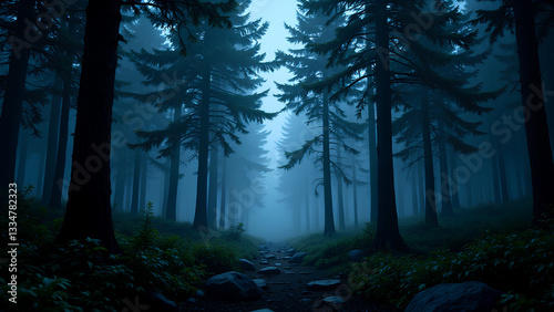 Mysterious forest path surrounded by tall trees and fog, creating eerie atmosphere. scene evokes sense of adventure and exploration in nature