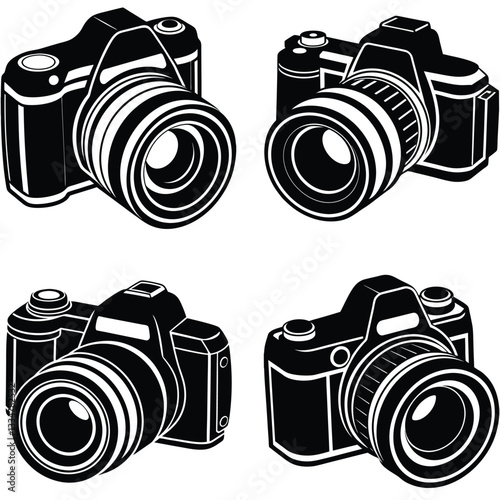 Set of retro cameras and lenses in black and white with vintage and modern photography equipment