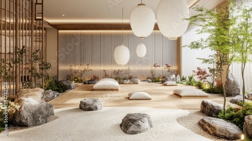 Tranquil Zen Interior with Rocks, Lanterns and Natural Elements for Relaxation and Meditation