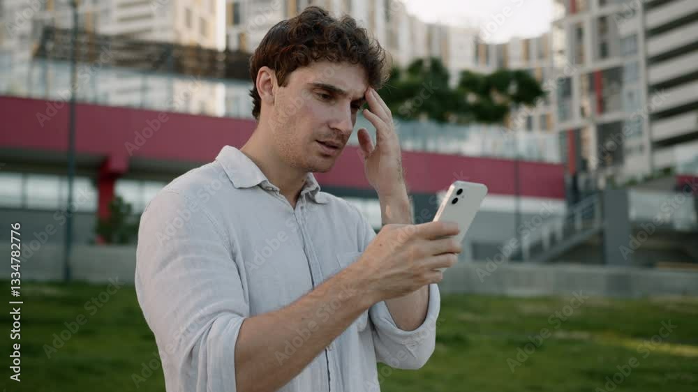 Caucasian man using mobile phone smartphone read bad news loss frustrated upset male stressed guy businessman problem failure unhappy message negative emotions business city outside town gadget online