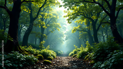 serene forest path surrounded by lush green trees and soft sunlight filtering through leaves creates tranquil atmosphere. vibrant foliage and gentle mist enhance peaceful ambiance