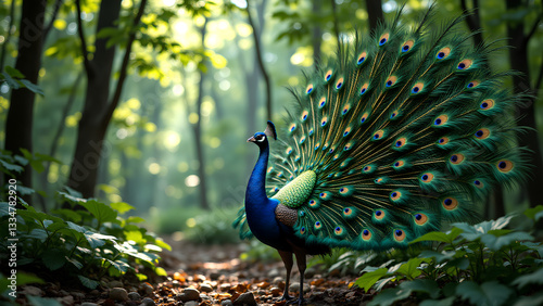 vibrant peacock displaying its colorful feathers in lush forest. Sunlight filters through trees, creating serene and enchanting atmosphere