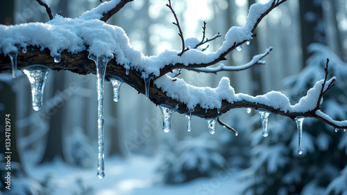 snowy branch with icicles glistens in serene winter forest, creating tranquil and magical atmosphere. soft light enhances beauty of snow covered landscape
