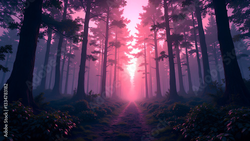 mystical forest path illuminated by soft pink light, surrounded by tall trees and lush greenery, creates enchanting atmosphere