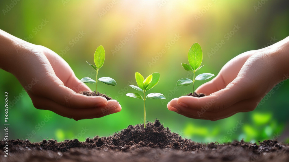 A pair of hands holding and planting young plants, symbolizing growth and sustainability for World Day. A pair of hands holding and planting young plants, symbolizing growth and sustainability for World Day.