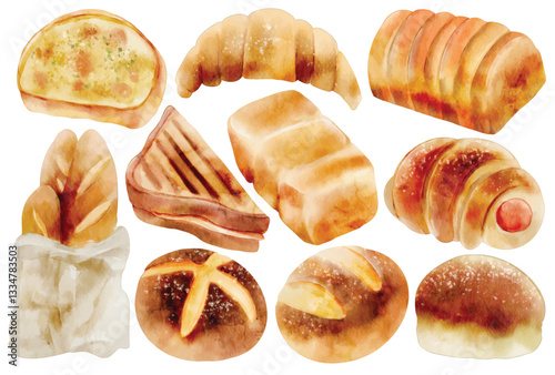 Watercolor Bread and Pastry Illustration Set, Hand Painted, Realistic, Freshly Baked, Baguette, Croissant, Sandwich Bread, Garlic Bread, Brioche, Bun, Hot Dog Roll, Artisan, Bakery