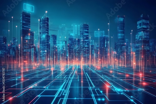 Futuristic digital cityscape with neon lit skyscrapers and advanced infrastructure