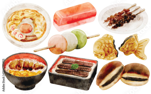 Watercolor Japanese Food Illustration Set, Hand Painted, Traditional, Ramen, Taiyaki, Dango, Yakitori, Tamago, Unagi Don, Katsu Don, Castella, Dorayaki, Authentic, Asian Cuisine, Street Food, Gourmet