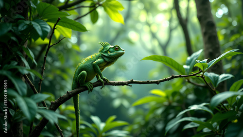 vibrant green lizard perched on branch amidst lush foliage, showcasing its unique features in serene forest environment. sunlight filters through leaves, creating tranquil atmosphere