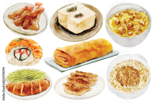 Watercolor Japanese Food Illustration Set, Hand Painted, Realistic, Traditional Cuisine, Sushi, Tamagoyaki, Natto, Tofu, Tonkatsu, Bacon, Gyoza, Ramen