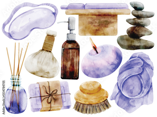 Watercolor Spa and Wellness Illustration Set, Hand Painted, Relaxing, Aromatherapy, Massage, Essential Oils, Herbal Compress, Candles, Stones, Soap, Scrub Brush, Eye Mask, Towel, Incense