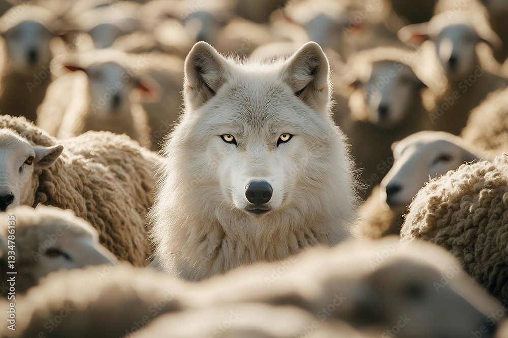 Naklejka premium Majestic Arctic Wolf Confronts Flock of Sheep in Golden Sunlight