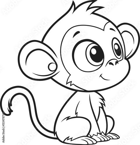 Cute Cartoon Monkey Sitting Coloring Page for Kids