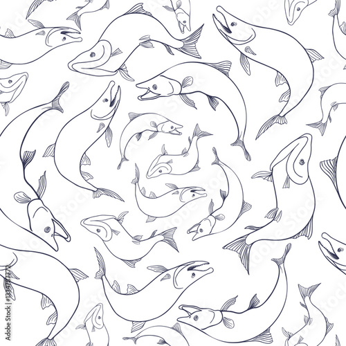 Seamless pattern with trout and salmon black vector silhouettes. Hand drawn nerka fish outline on repeat texture for packaging, textiles, backgrounds, wrapping paper, and fishing designs.