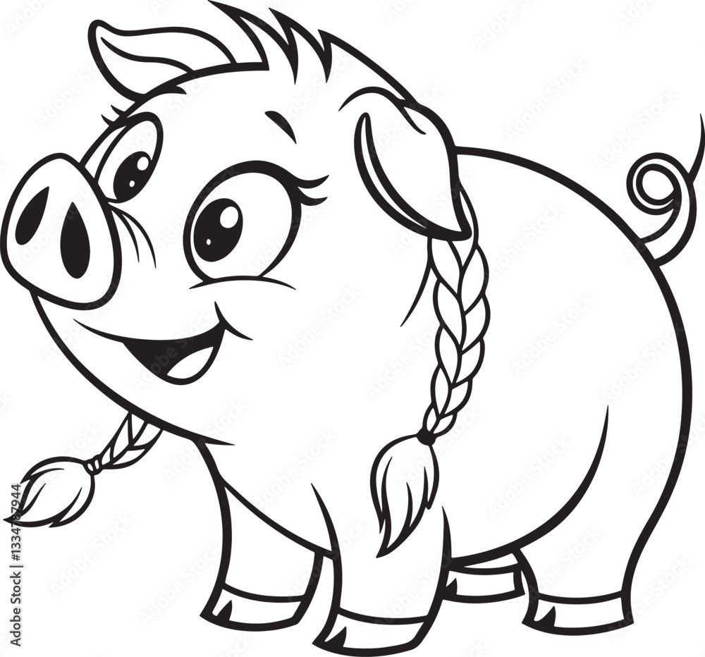 Fototapeta premium Cartoon Pig Line Art – Cute Farm Animal Coloring Page