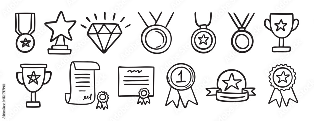 Fototapeta premium medal honor award related doodle hand drawn icon set. Outline drawing winner line clipart symbol collection