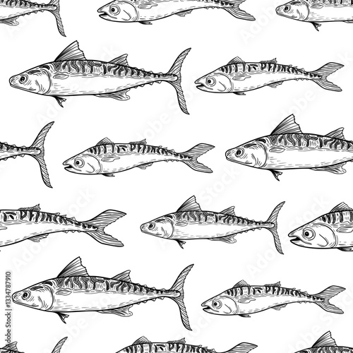 Mackerel black white vector seamless pattern. Bluefish monochrome sketch hand drawn. King sea fish painted engraving repeated texture. Bonito tuna graphic background design for package, fabric.
