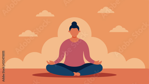 Mindfulness Practice An individual sitting in a relaxed pose meditating with a peaceful expression surrounded by calming elements like a sunset and soft clouds conveying stress