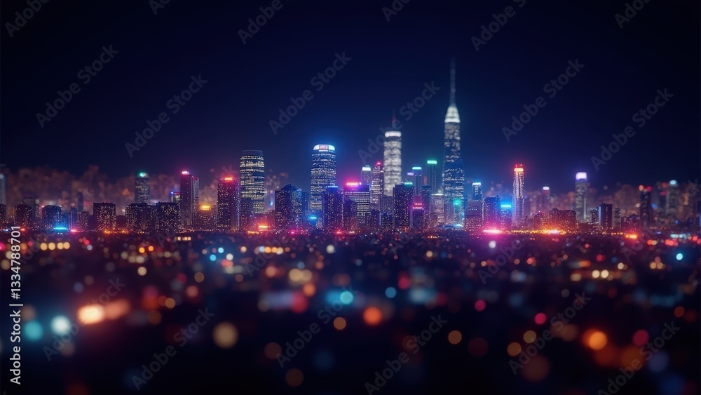 Fototapeta premium City skyline glowing at night, skyscrapers reflecting on water, concept of tourism, finance