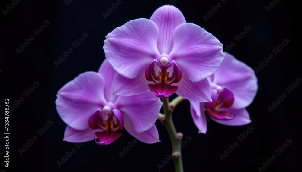 Fototapeta premium Elegant Orchid: Create a close up image of an orchid in soft lavender hues, illuminated from behind with a dark backdrop emphasizing its delicate petals.