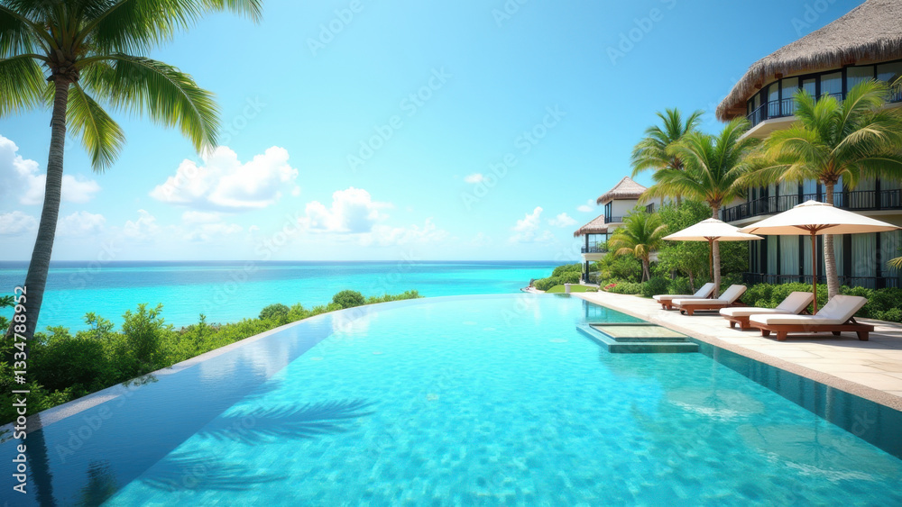 Tropical Beach Paradise, Subject Description, Azure waters and palm trees on a white sandy beach, embodying the essence of a perfect summer vacation getaway