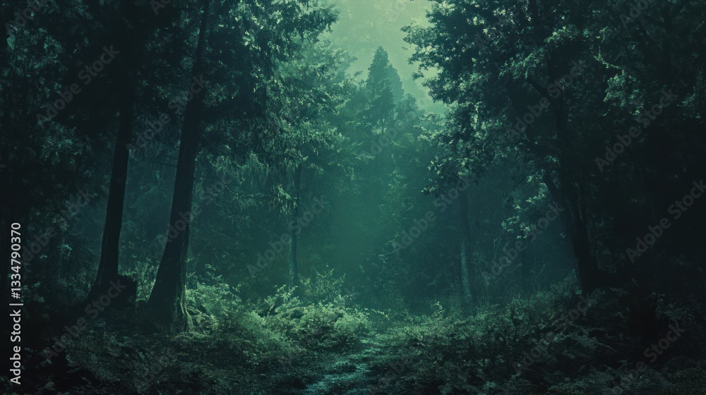 Fototapeta premium Dark, mysterious forest path shrouded in mist, with tall trees and lush undergrowth.