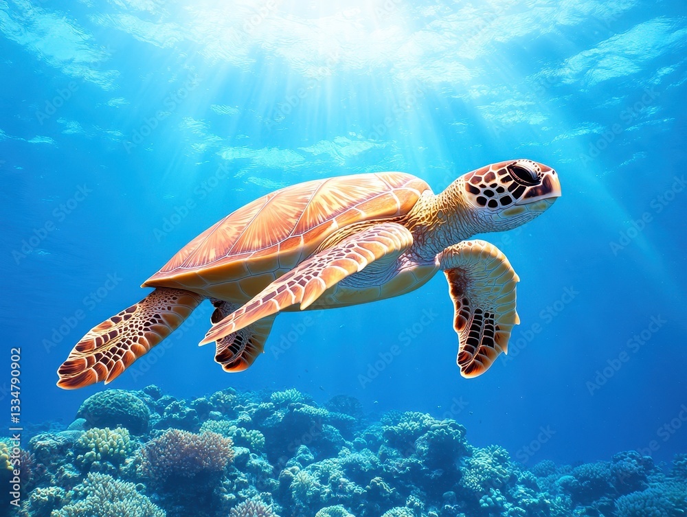 Fototapeta premium Graceful sea turtle swimming through vibrant coral reef under sunlit waters