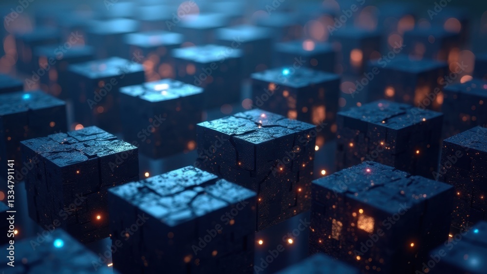 Obraz premium Glowing cubes with particles of light arranged in a grid pattern on dark surface, abstract concept of technology, data, innovation, and digital design, concept of technology, innovation