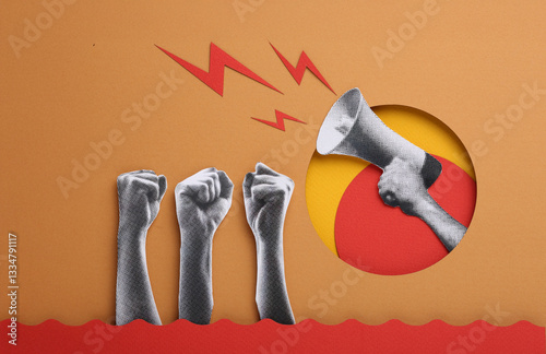 Half tones of hands raised upwards with closed fists. Feminists fighting. Illustration of a protest. Modern collage with hands. Fancy vintage pieces of newspaper. Torn paper. 
