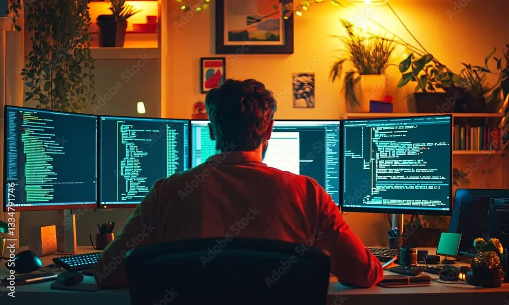 Individual coding at a multi-monitor setup in a cozy, plant-filled workspace with ambient lighting Individual coding at a multi-monitor setup in a cozy, plant-filled workspace with ambient lighting