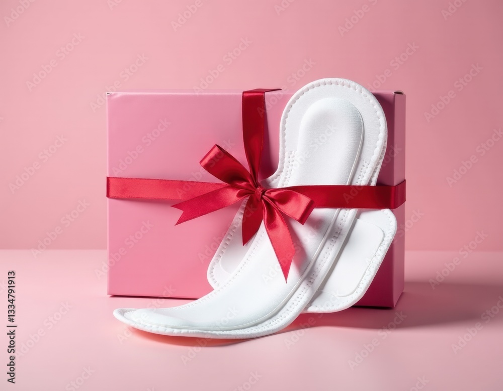 Sanitary Pads Gift Box Red Ribbon on Pink Background