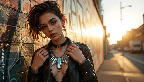 Edgy fashion model wearing a striking necklace against a graffiti-covered wall at sunset photo