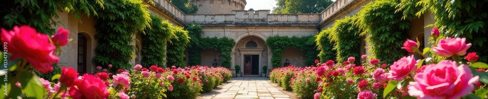 the castle's courtyard is filled with a sea of roses, ancient, fragrant the castle's courtyard is filled with a sea of roses, ancient, fragrant