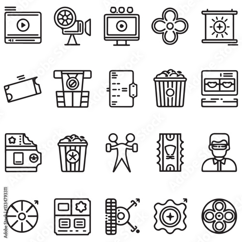 Cinema set of web icons in black line style. Movie and Film linear icon collection. Containing video, movie theater, 3d, vr, popcorn, ticket, director, soundtrack 
