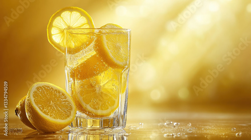 Healthy Drink for Healthy lifestyle refreshing glass of water with lemon slices in sunlight