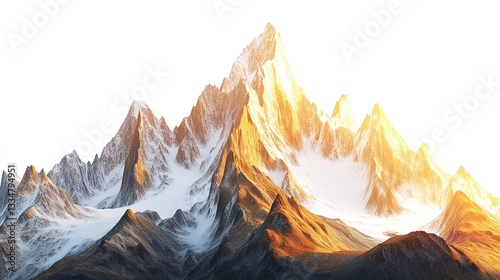 A majestic mountain landscape with towering snow-capped peaks, rugged rocky cliffs, and a vibrant golden sunrise casting warm light on the jagged ridges, cutout isolate white background 
