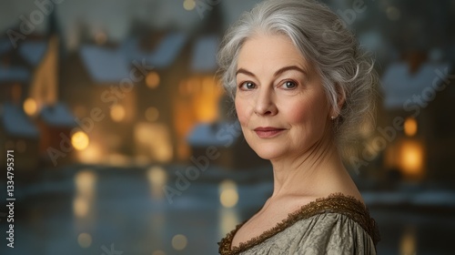 Elegant Senior Woman with Gray Hair in Winter Village Setting