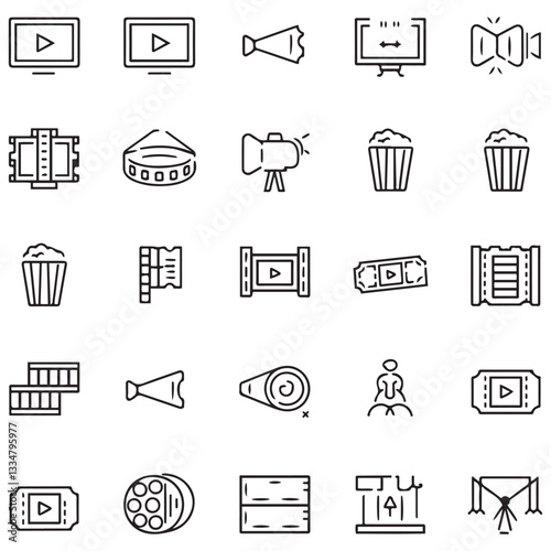 Cinema set of web icons in black line style. Movie and Film linear icon collection. Containing video, movie theater, 3d, vr, popcorn, ticket, director, soundtrack 