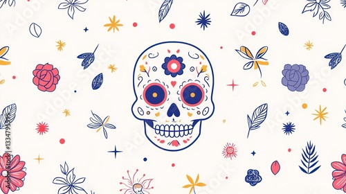 Decorative Sugar Skull Pattern on White Background