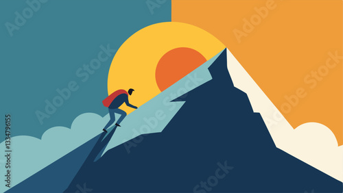 Mountain Climber An illustration of a determined climber scaling a steep mountain with a bright sun emerging behind the peak symbolizing the triumph of perseverance.