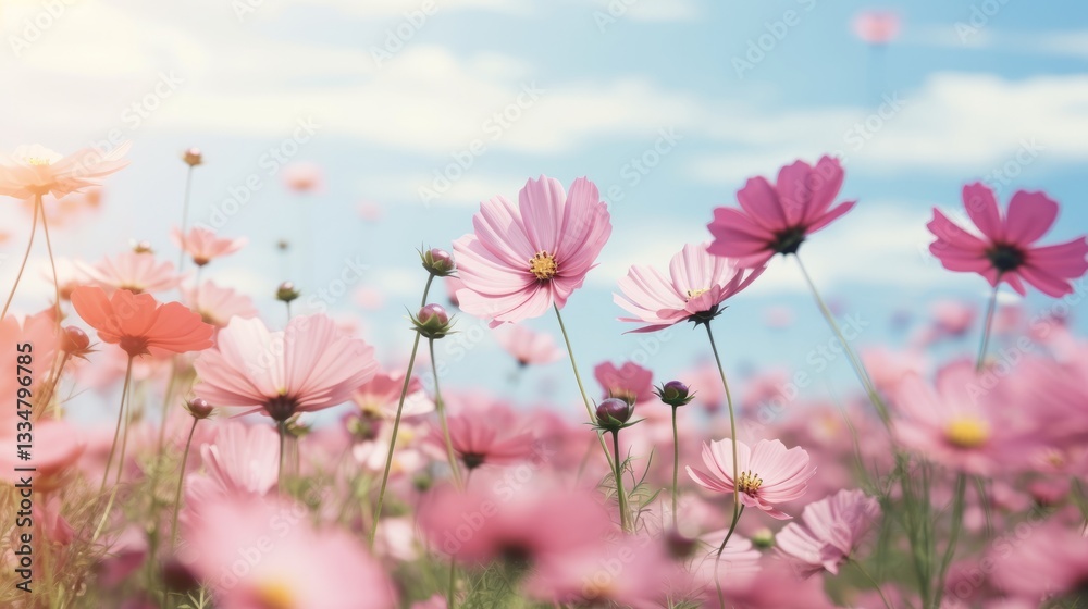 Gentle pink cosmos flowers swaying in a field under the bright blue sky of a sunny day, creating a beautiful and serene scene Gentle pink cosmos flowers swaying in a field under the bright blue sky of a sunny day, creating a beautiful and serene scene